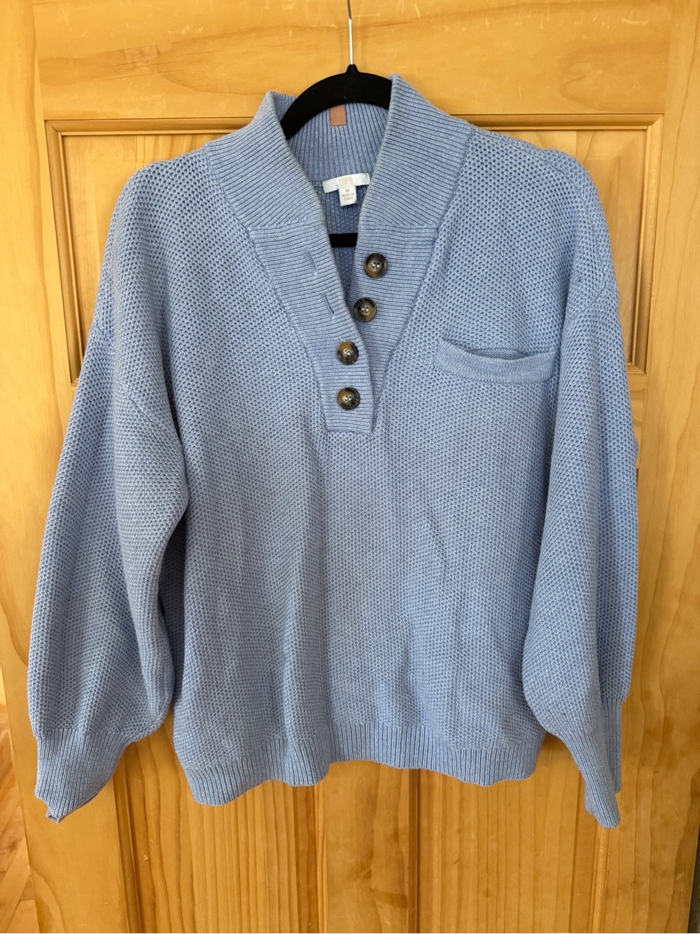 lunya Light Blue V-Neck Button Knit Sweater